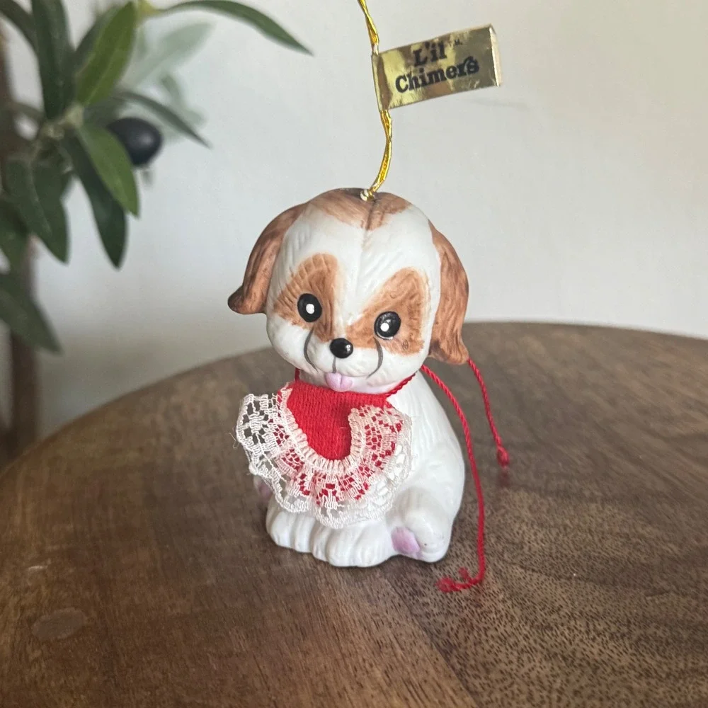 Vintage Jasco Lil Chimers Puppy Dog Porcelain Bell Ornament Red Bib Lace Taiwan